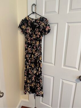 Black Floral Wrap Maxi Maternity Dress with Pink & Yellow Accents